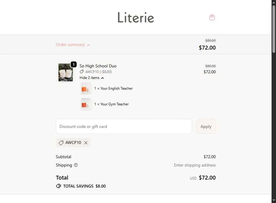 Literie Candle checkout page showing Literie Candle promo code box | Screenshot taken by SimplyCodes community member on Jan 5, 2026