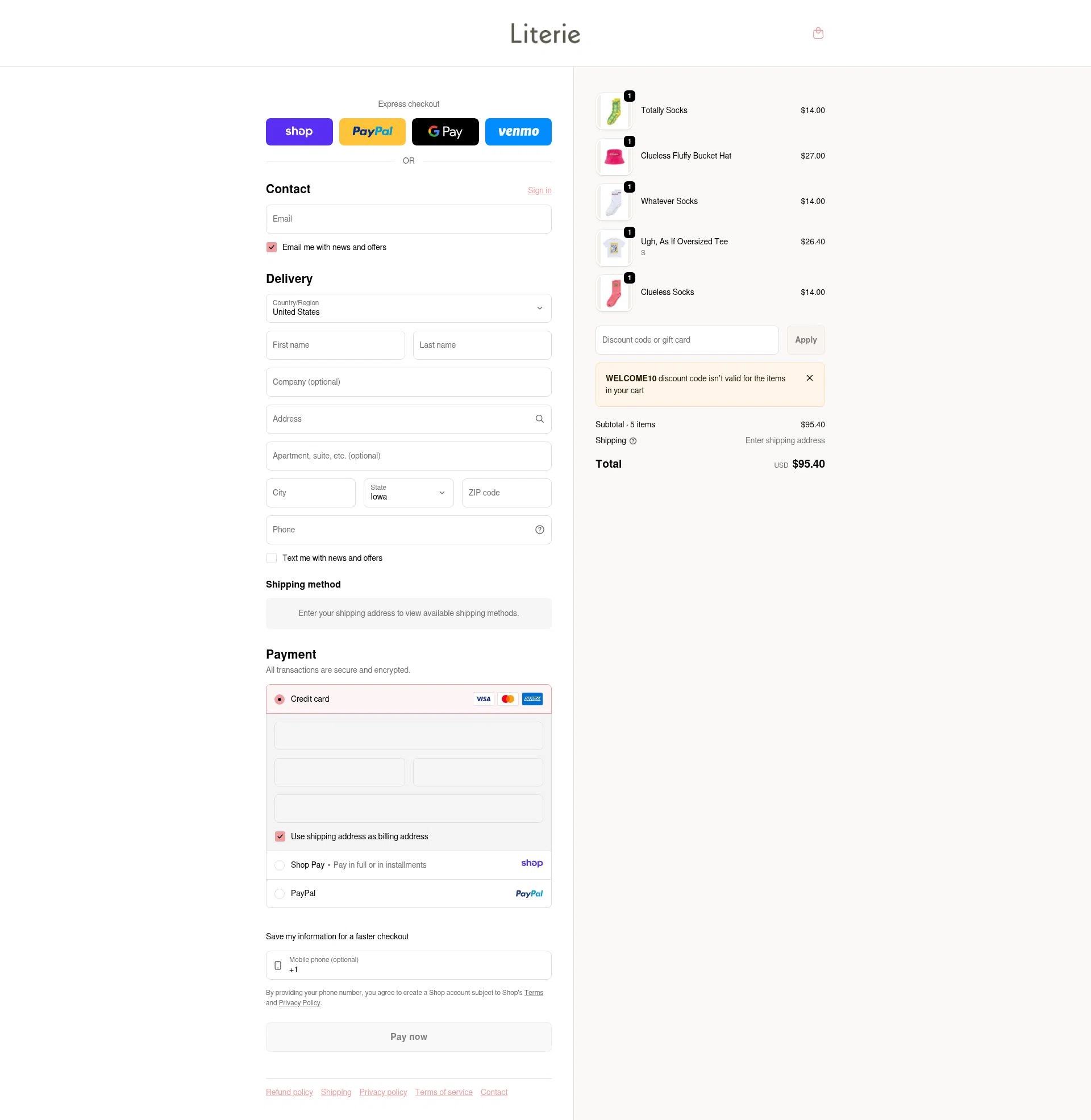 Literie Candle checkout page showing Literie Candle promo code box | Screenshot taken by SimplyCodes community member on Jan 10, 2026