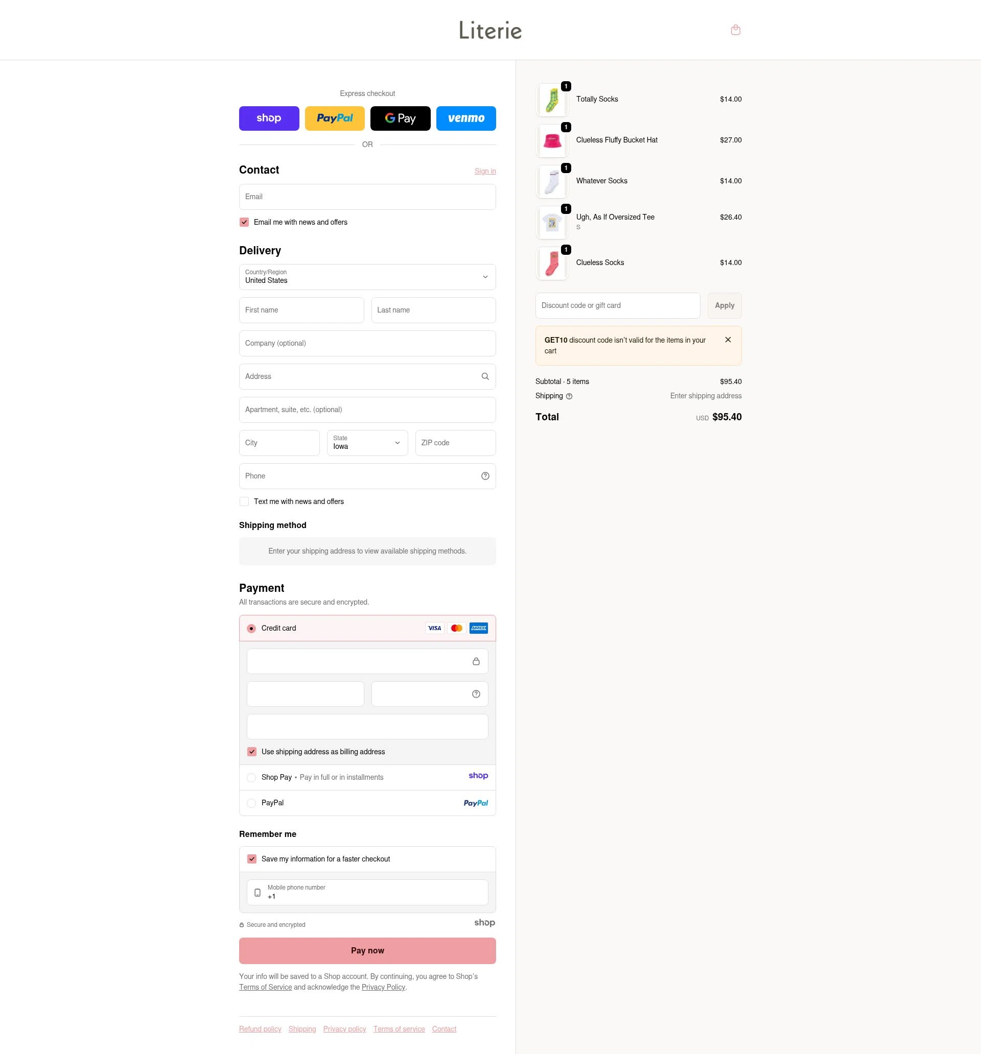 Literie Candle checkout page showing Literie Candle promo code box | Screenshot taken by SimplyCodes community member on Jan 5, 2026