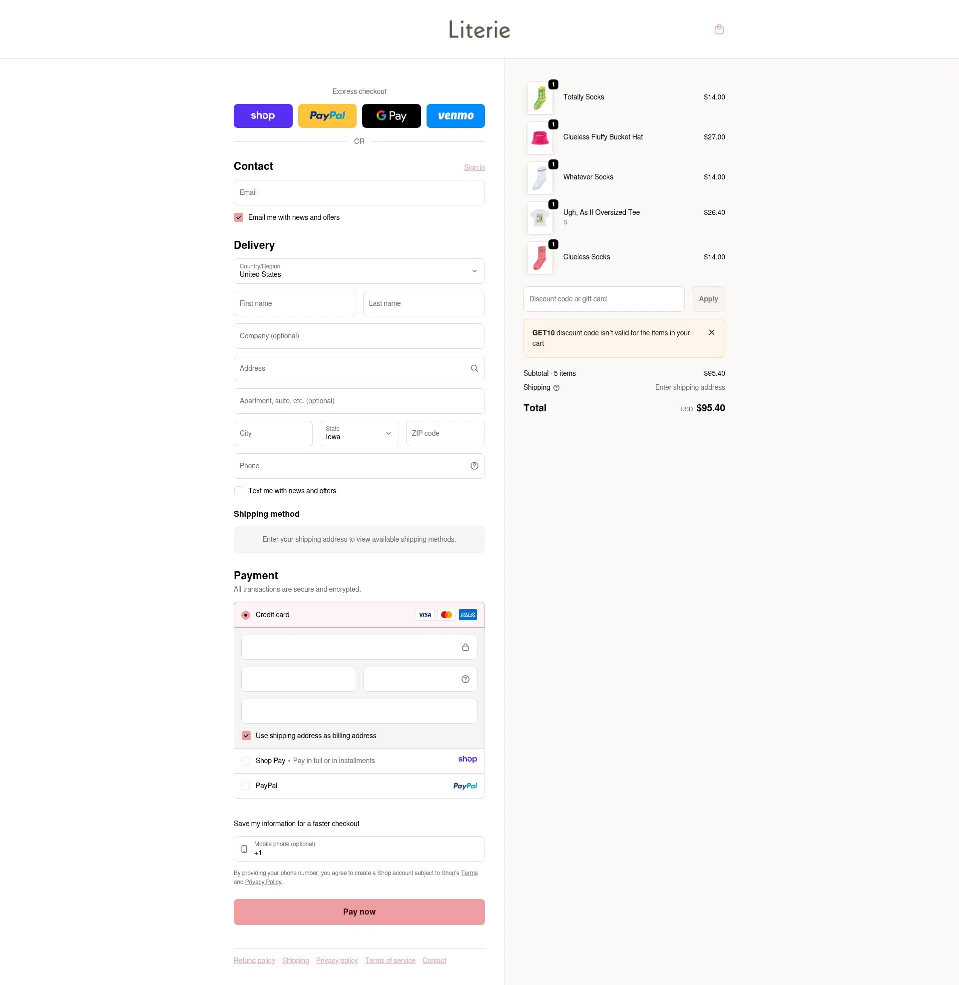 Literie Candle checkout page showing Literie Candle promo code box | Screenshot taken by SimplyCodes community member on Jan 10, 2026