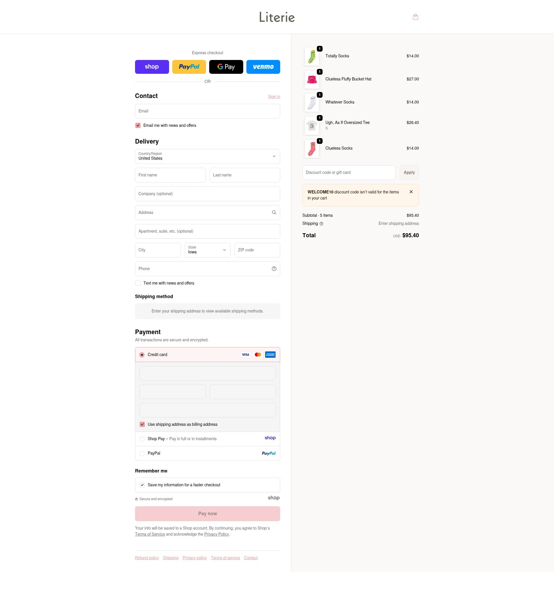 Literie Candle checkout page showing Literie Candle promo code box | Screenshot taken by SimplyCodes community member on Jan 5, 2026