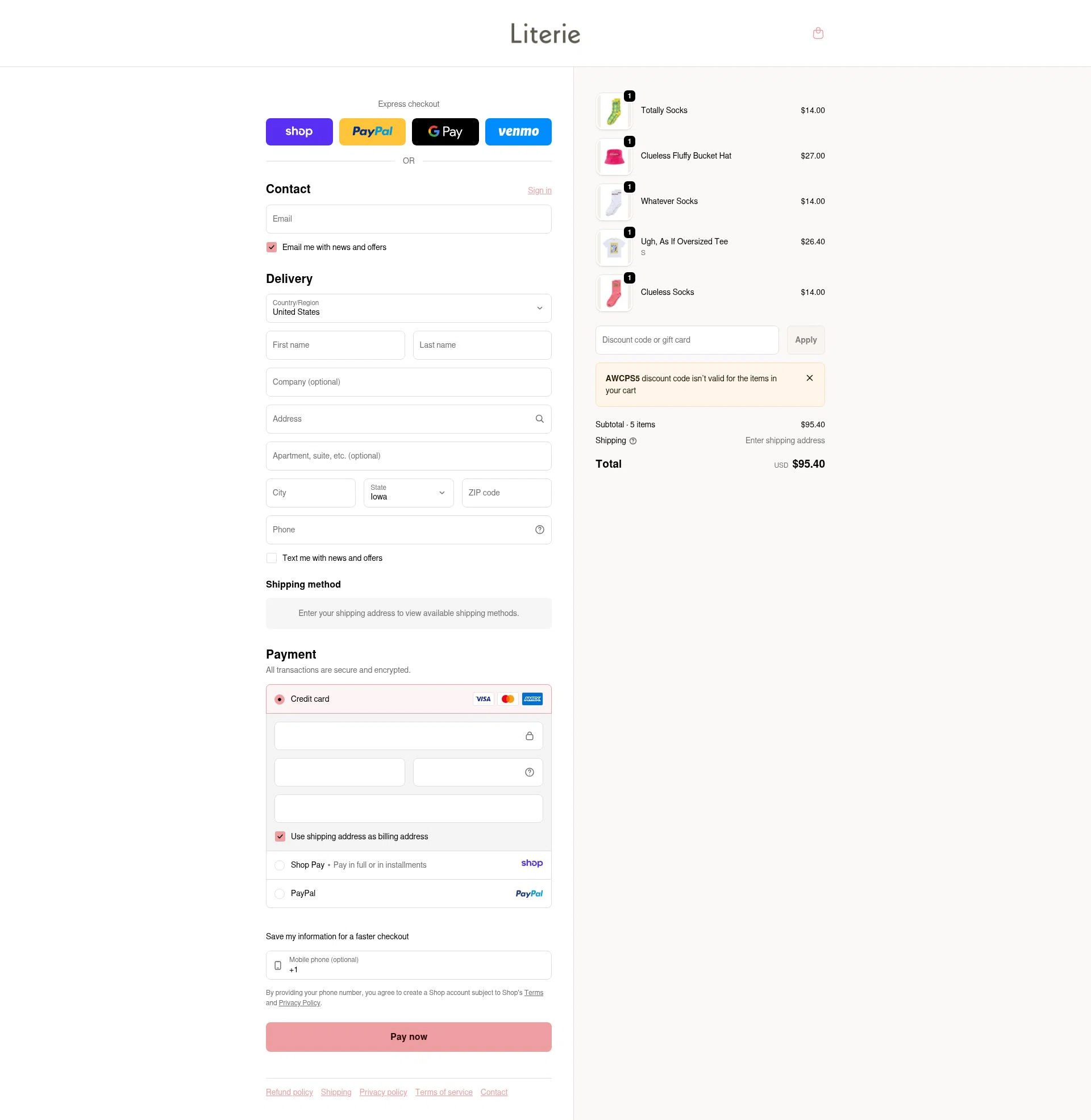 Literie Candle checkout page showing Literie Candle promo code box | Screenshot taken by SimplyCodes community member on Jan 10, 2026