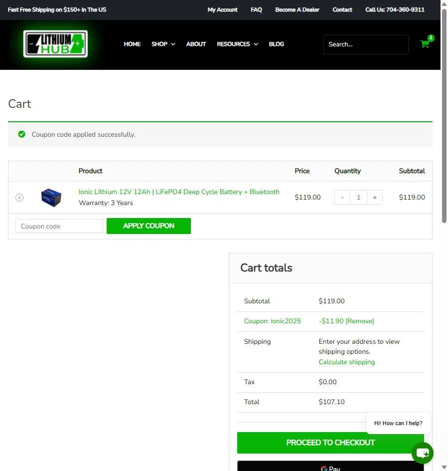 LithiumHub checkout page showing LithiumHub coupon code box | Screenshot taken by SimplyCodes community member on Jan 8, 2026