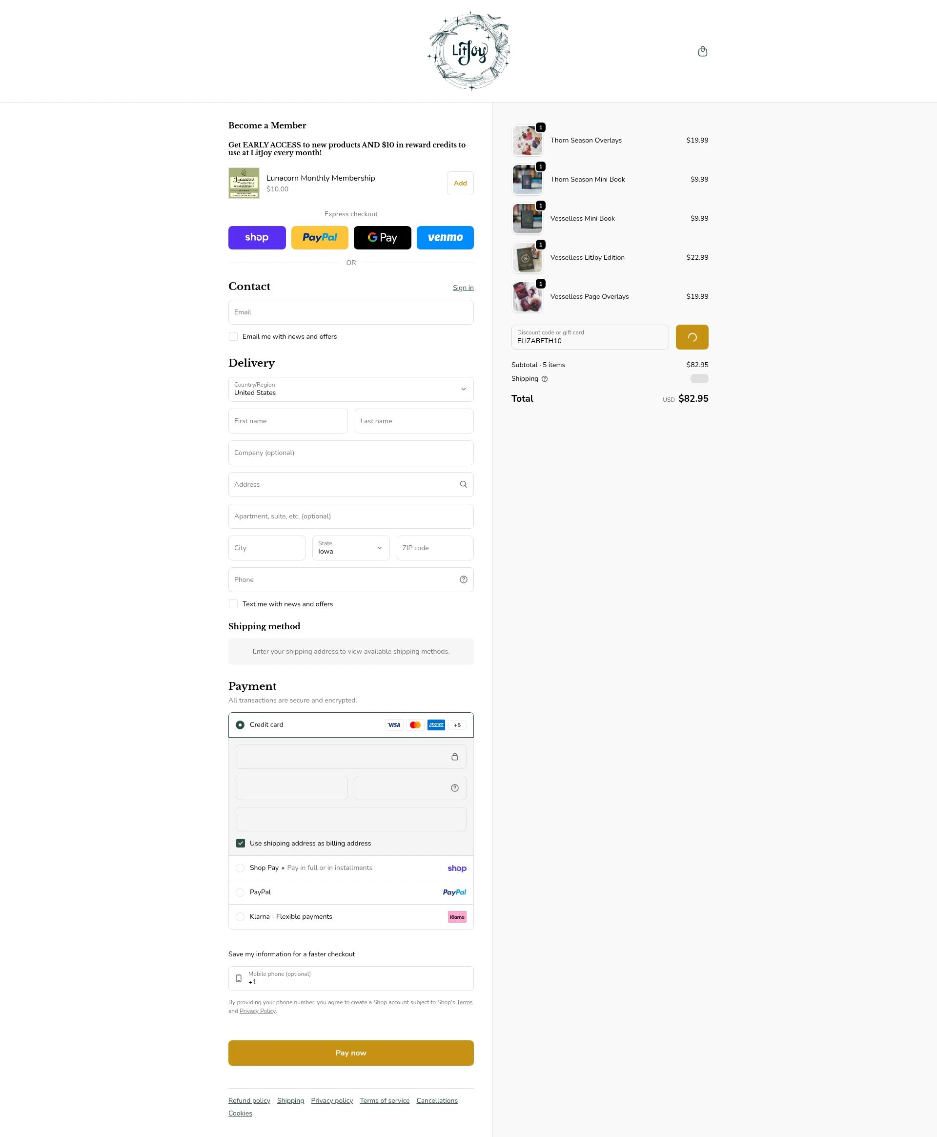 LitJoy Crate checkout page showing LitJoy Crate promo code box | Screenshot taken by SimplyCodes community member on Feb 11, 2026
