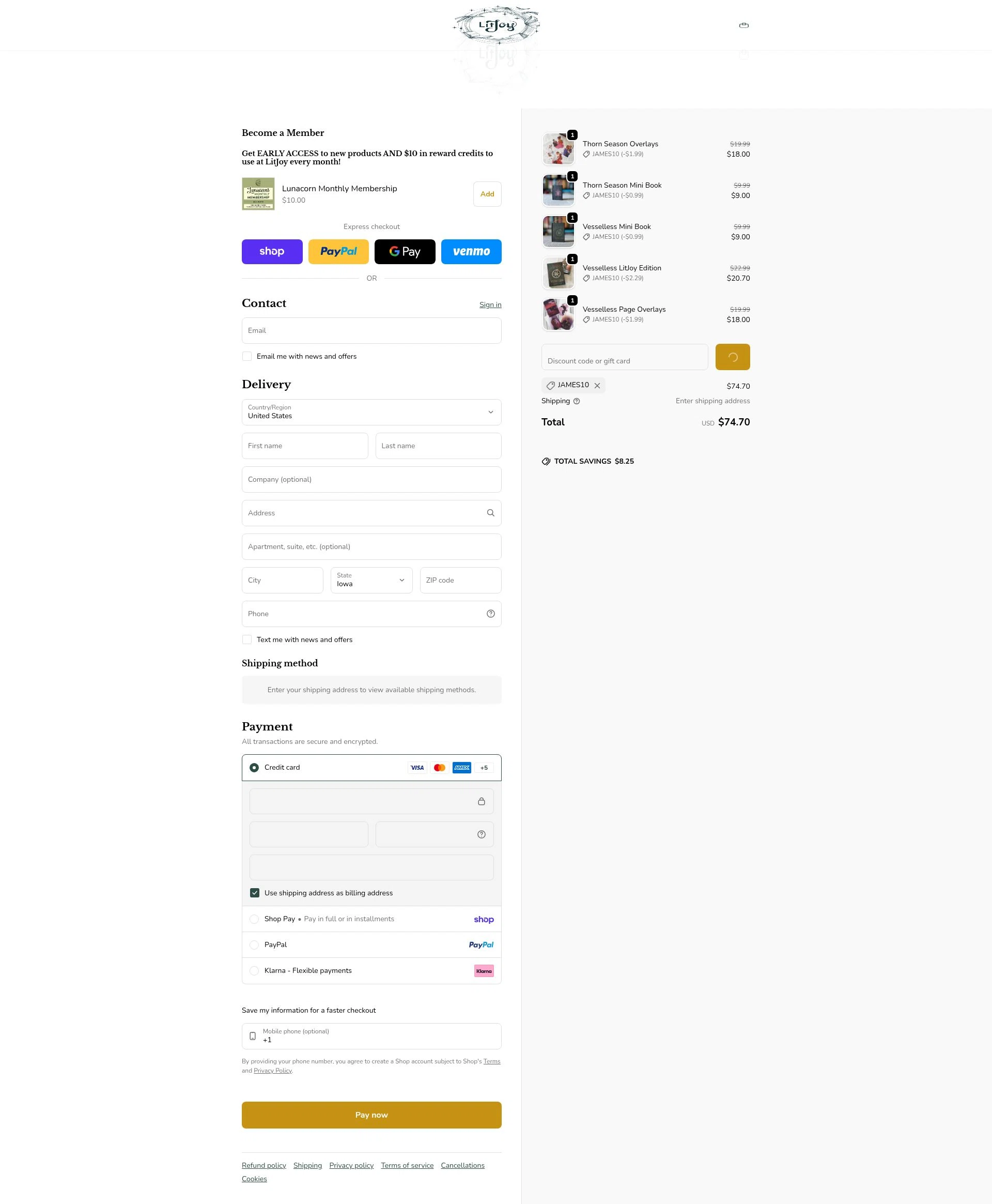 LitJoy Crate checkout page showing LitJoy Crate promo code box | Screenshot taken by SimplyCodes community member on Feb 15, 2026