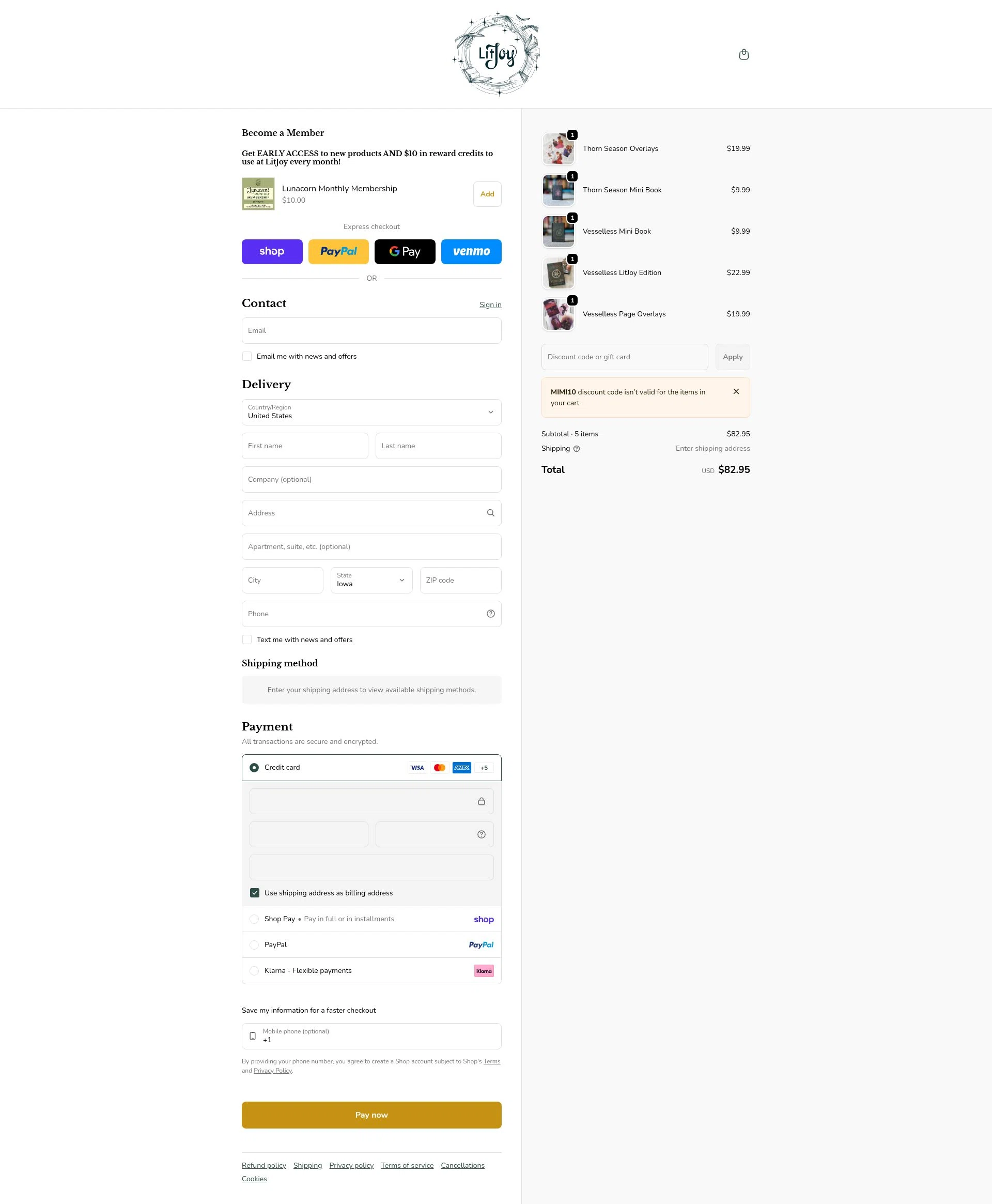 LitJoy Crate checkout page showing LitJoy Crate promo code box | Screenshot taken by SimplyCodes community member on Feb 11, 2026