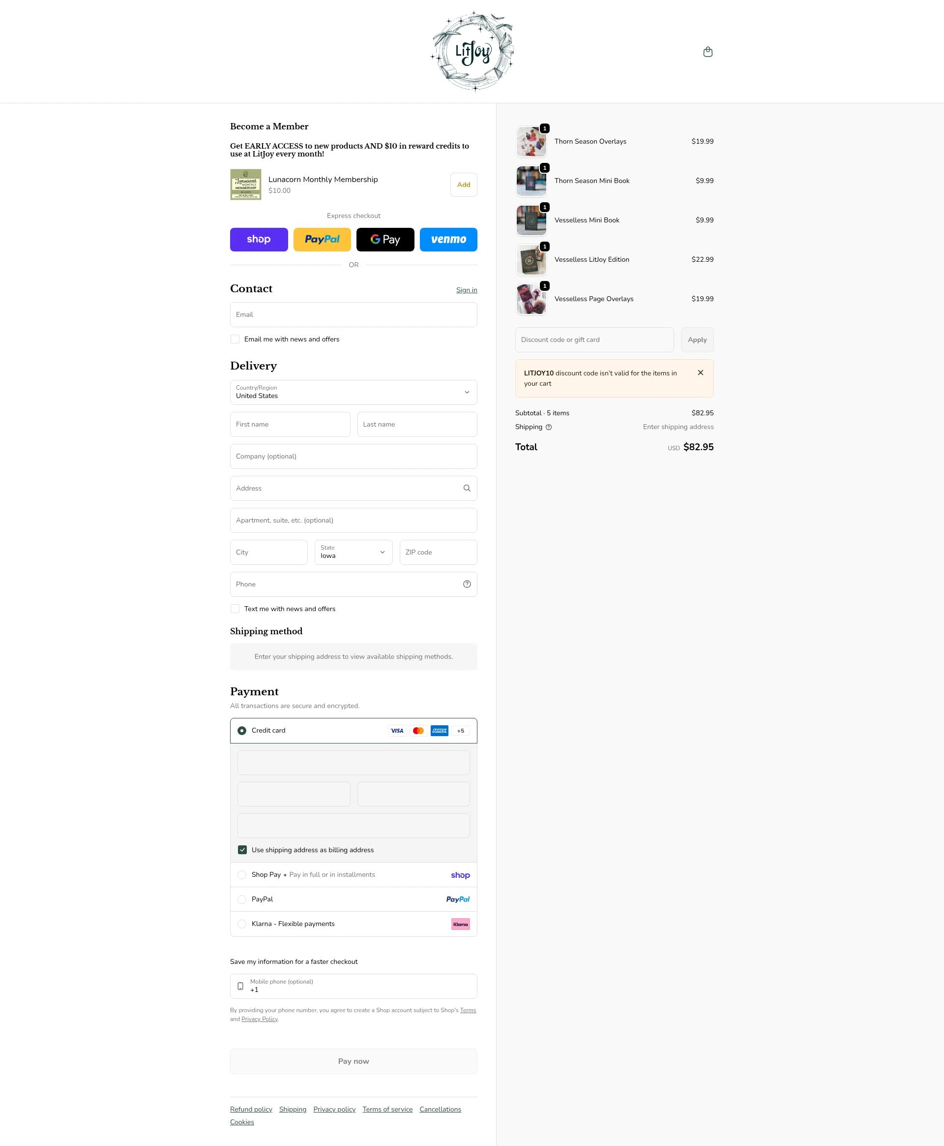 LitJoy Crate checkout page showing LitJoy Crate promo code box | Screenshot taken by SimplyCodes community member on Feb 16, 2026