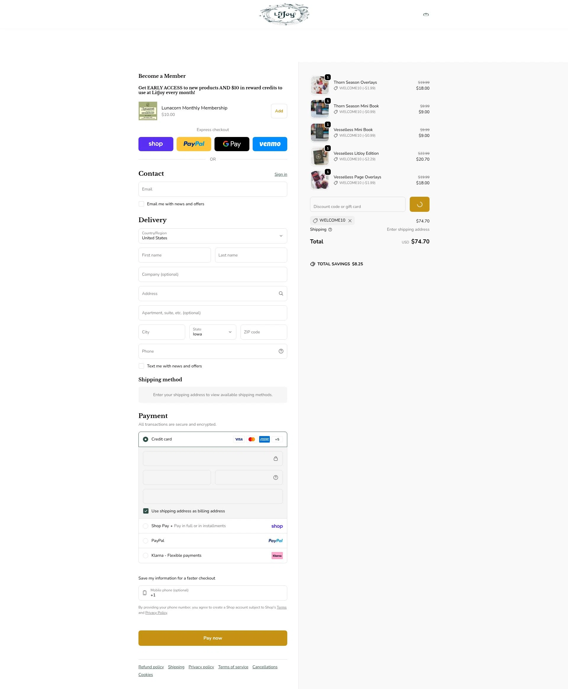 LitJoy Crate checkout page showing LitJoy Crate promo code box | Screenshot taken by SimplyCodes community member on Feb 11, 2026