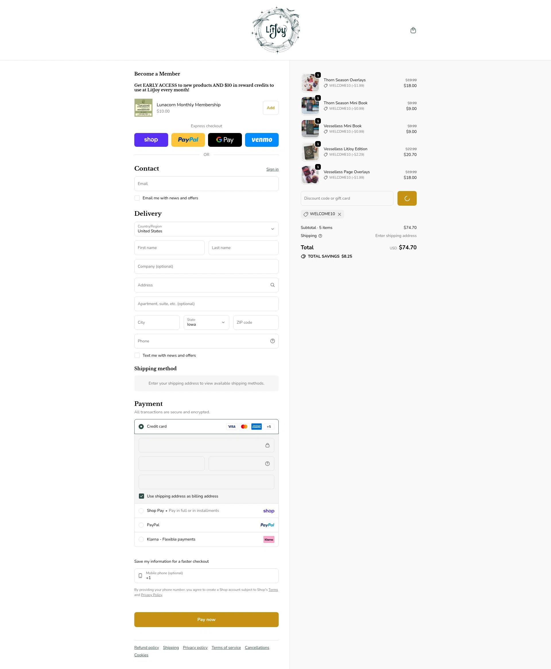 LitJoy Crate checkout page showing LitJoy Crate promo code box | Screenshot taken by SimplyCodes community member on Feb 16, 2026