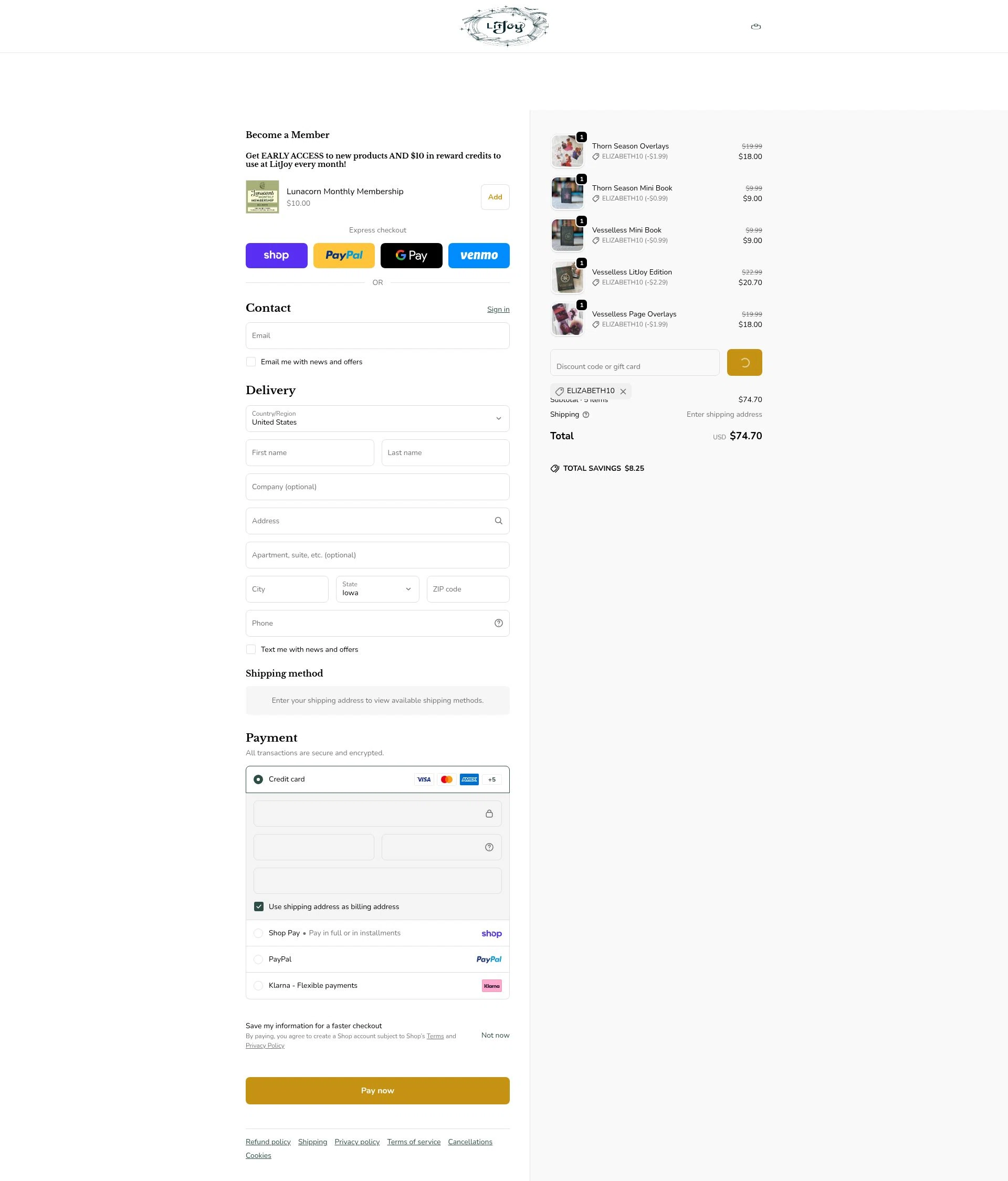 LitJoy Crate checkout page showing LitJoy Crate promo code box | Screenshot taken by SimplyCodes community member on Feb 14, 2026