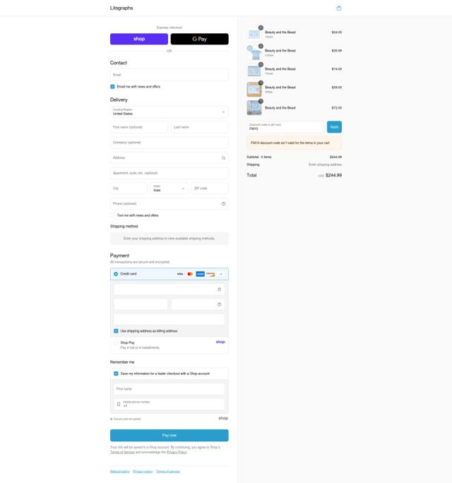 Litographs checkout page showing Litographs discount code box | Screenshot taken by SimplyCodes community member on Sep 8, 2025
