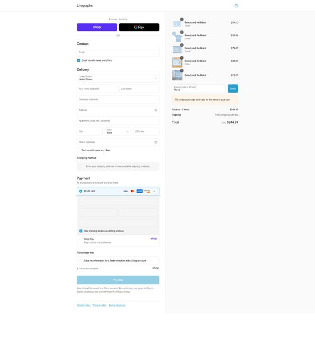 Litographs checkout page showing Litographs discount code box | Screenshot taken by SimplyCodes community member on Sep 4, 2025