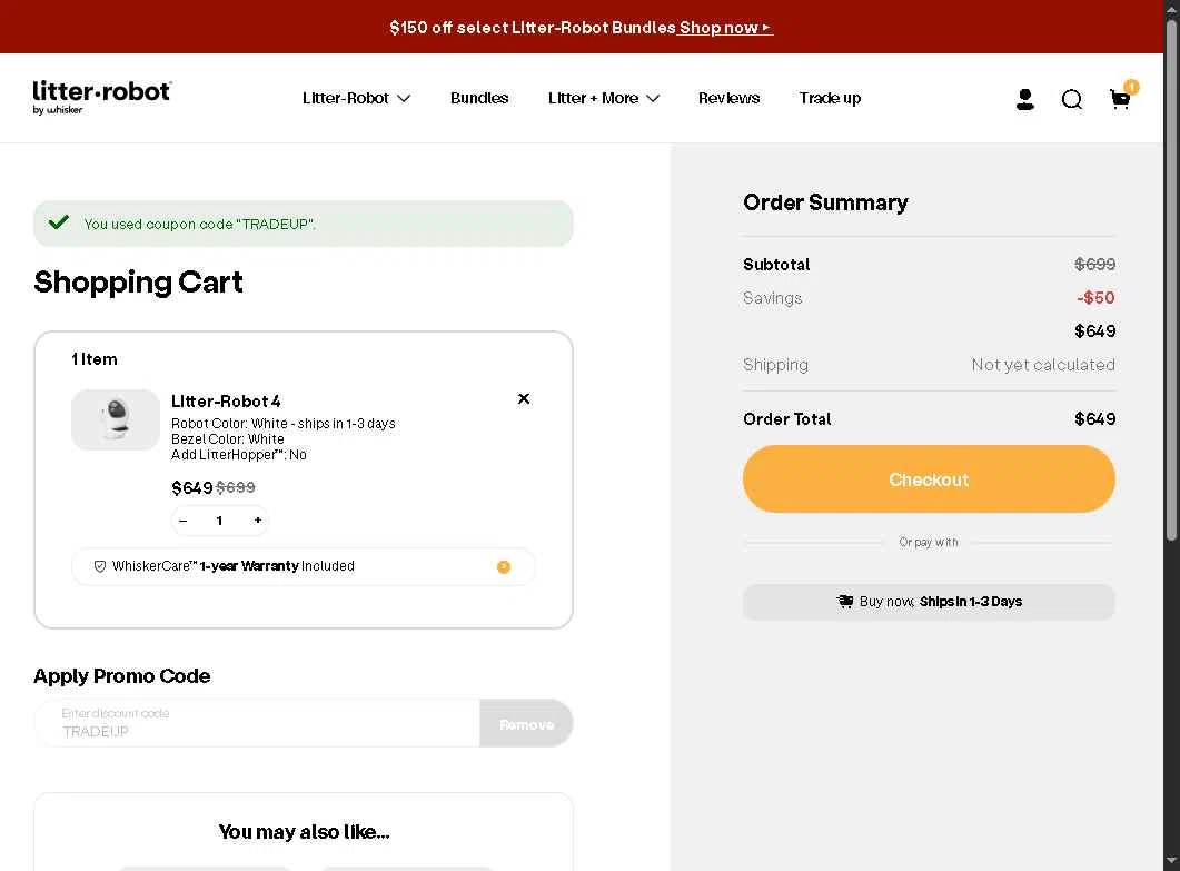 Litter-Robot checkout page showing Litter-Robot promo code box | Screenshot taken by SimplyCodes community member on Oct 8, 2025