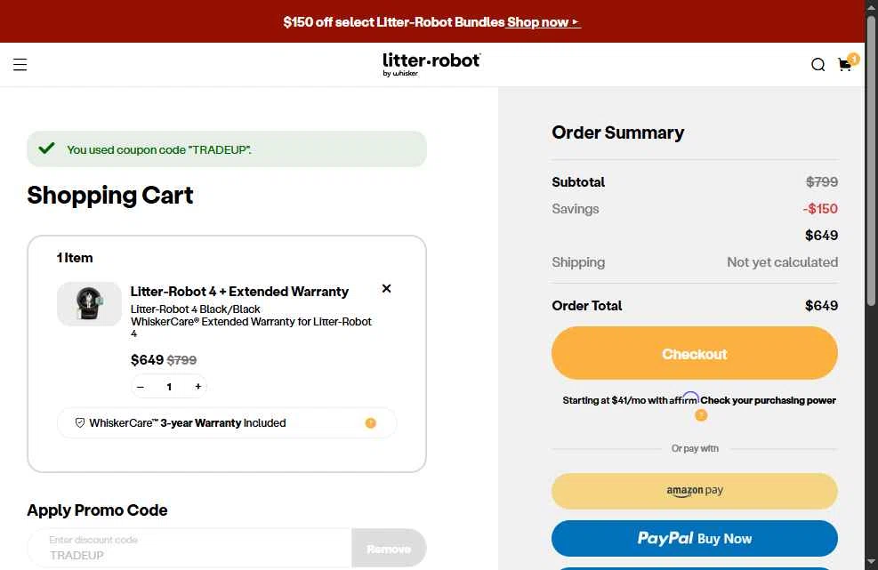 Litter-Robot checkout page showing Litter-Robot promo code box | Screenshot taken by SimplyCodes community member on Oct 21, 2025