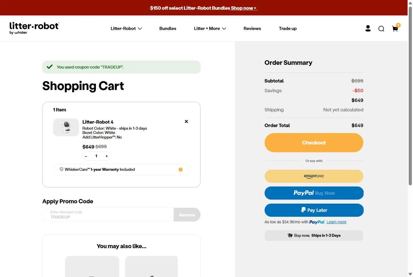 Litter-Robot checkout page showing Litter-Robot promo code box | Screenshot taken by SimplyCodes community member on Oct 8, 2025