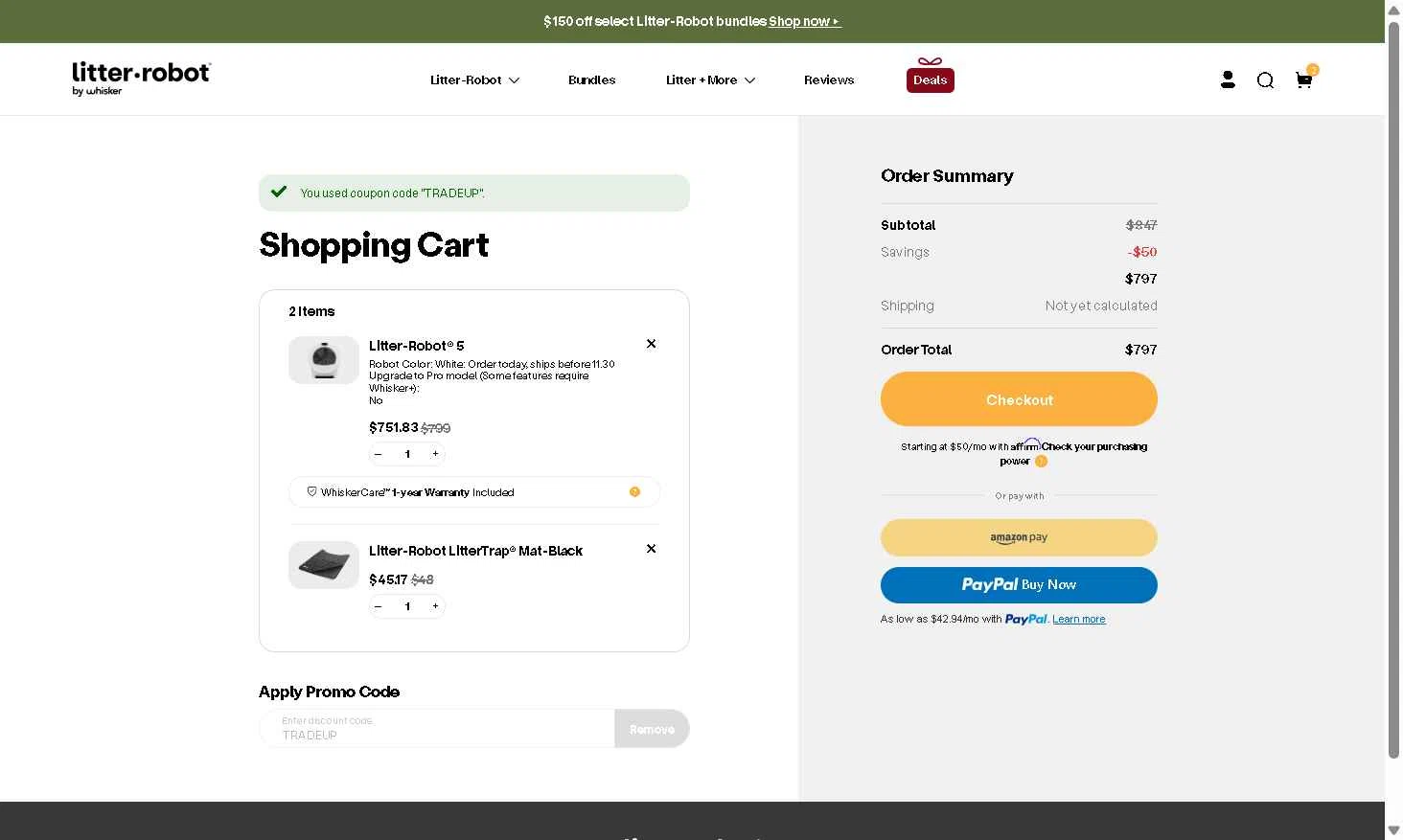 Litter-Robot checkout page showing Litter-Robot promo code box | Screenshot taken by SimplyCodes community member on Nov 4, 2025