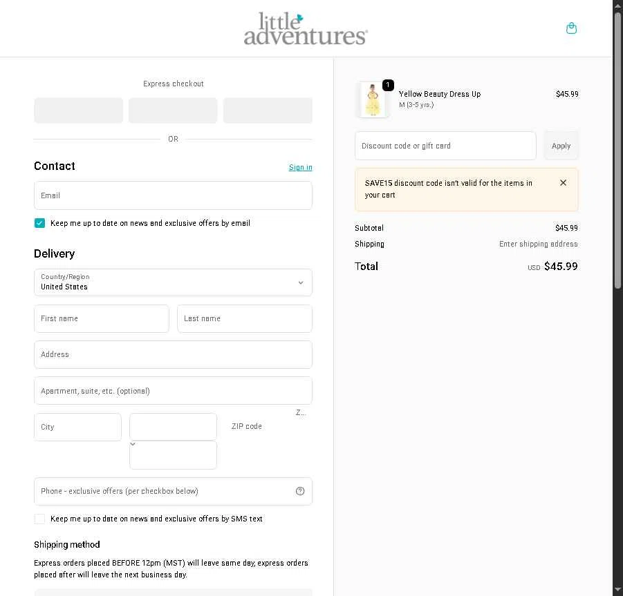 Little Adventures checkout page showing Little Adventures promo code box | Screenshot taken by SimplyCodes community member on Feb 8, 2026