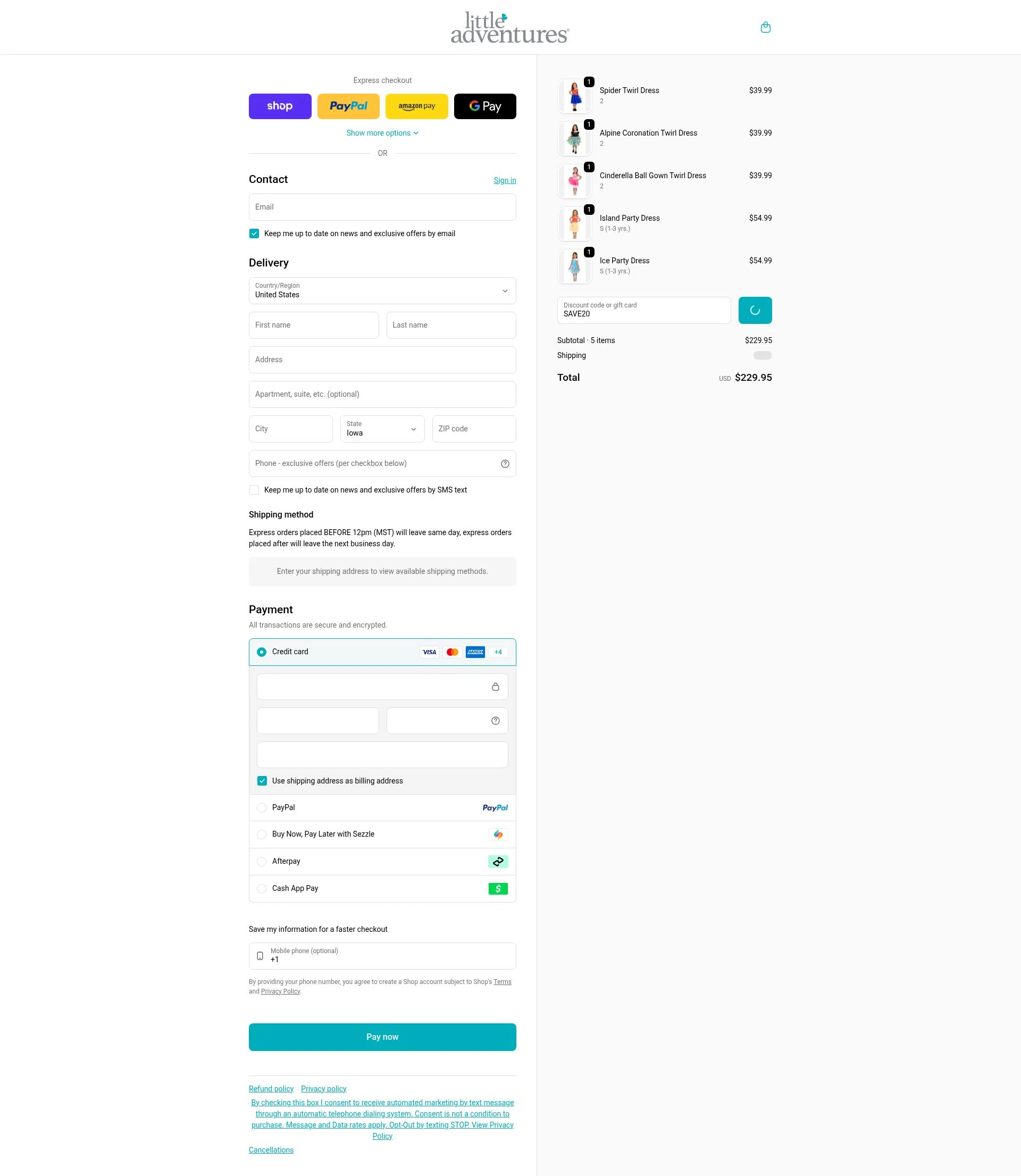 Little Adventures checkout page showing Little Adventures promo code box | Screenshot taken by SimplyCodes community member on Feb 13, 2026