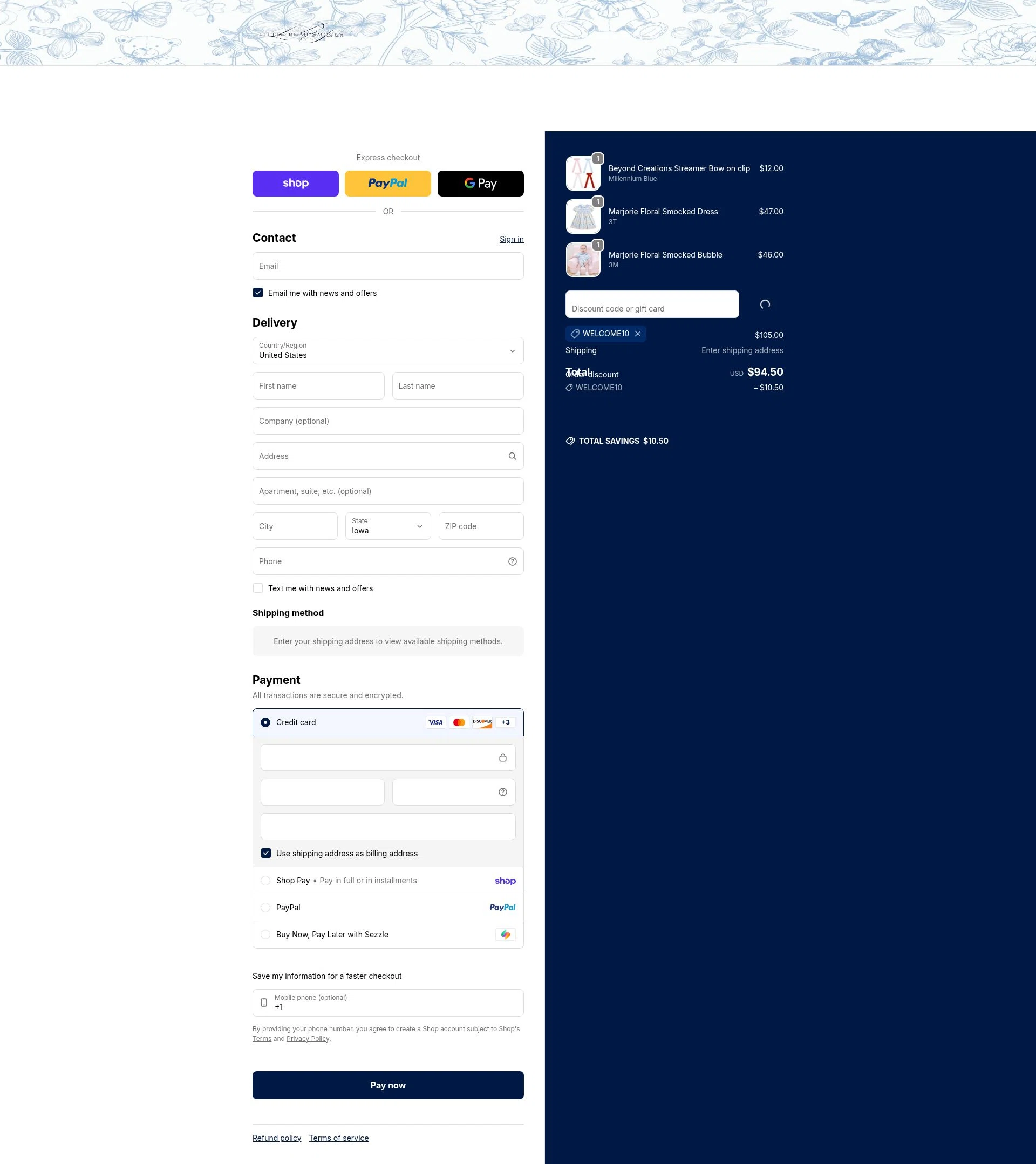 Little Bear Smocks checkout page showing Little Bear Smocks discount code box | Screenshot taken by SimplyCodes community member on Feb 18, 2026