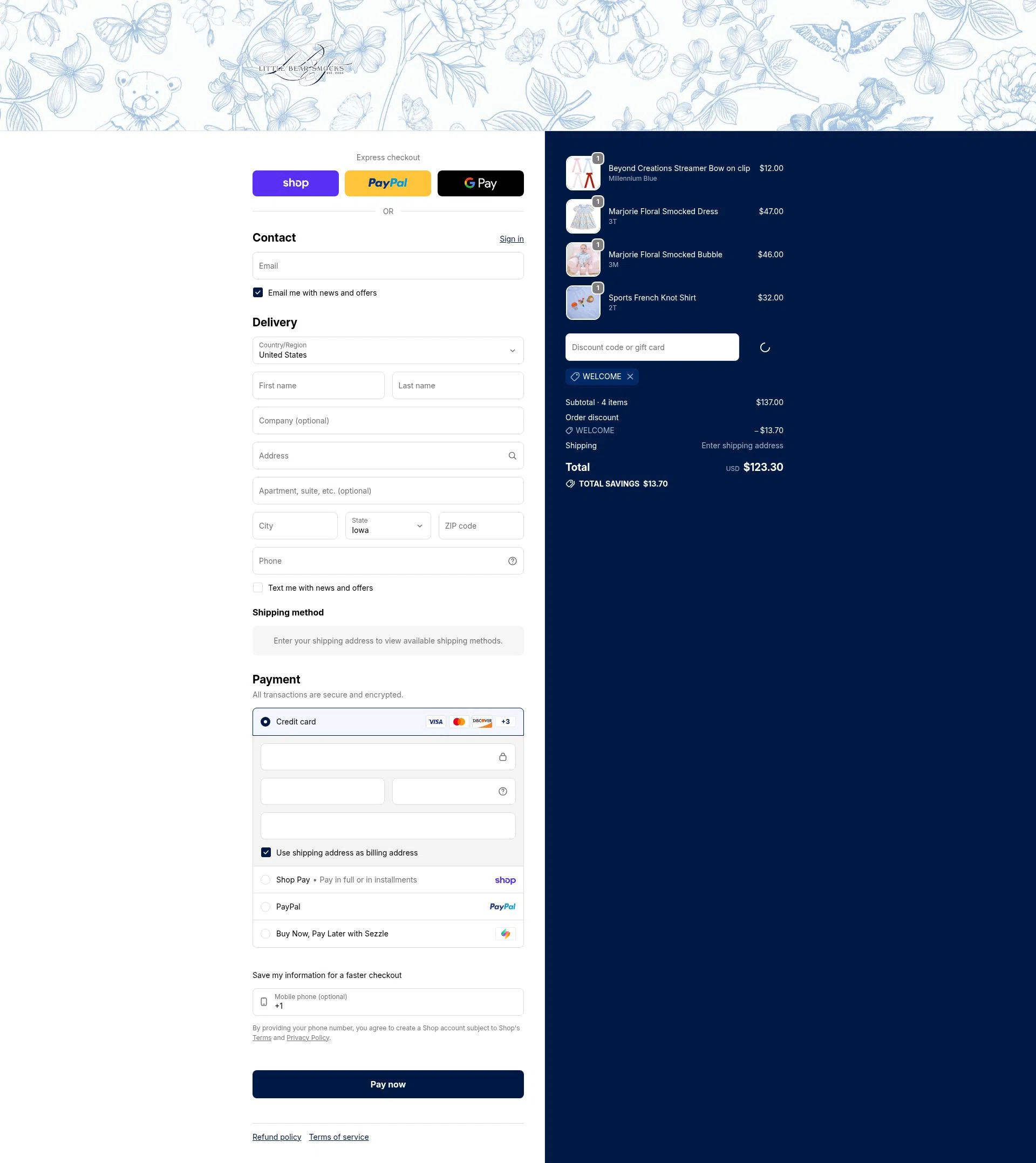Little Bear Smocks checkout page showing Little Bear Smocks discount code box | Screenshot taken by SimplyCodes community member on Feb 5, 2026