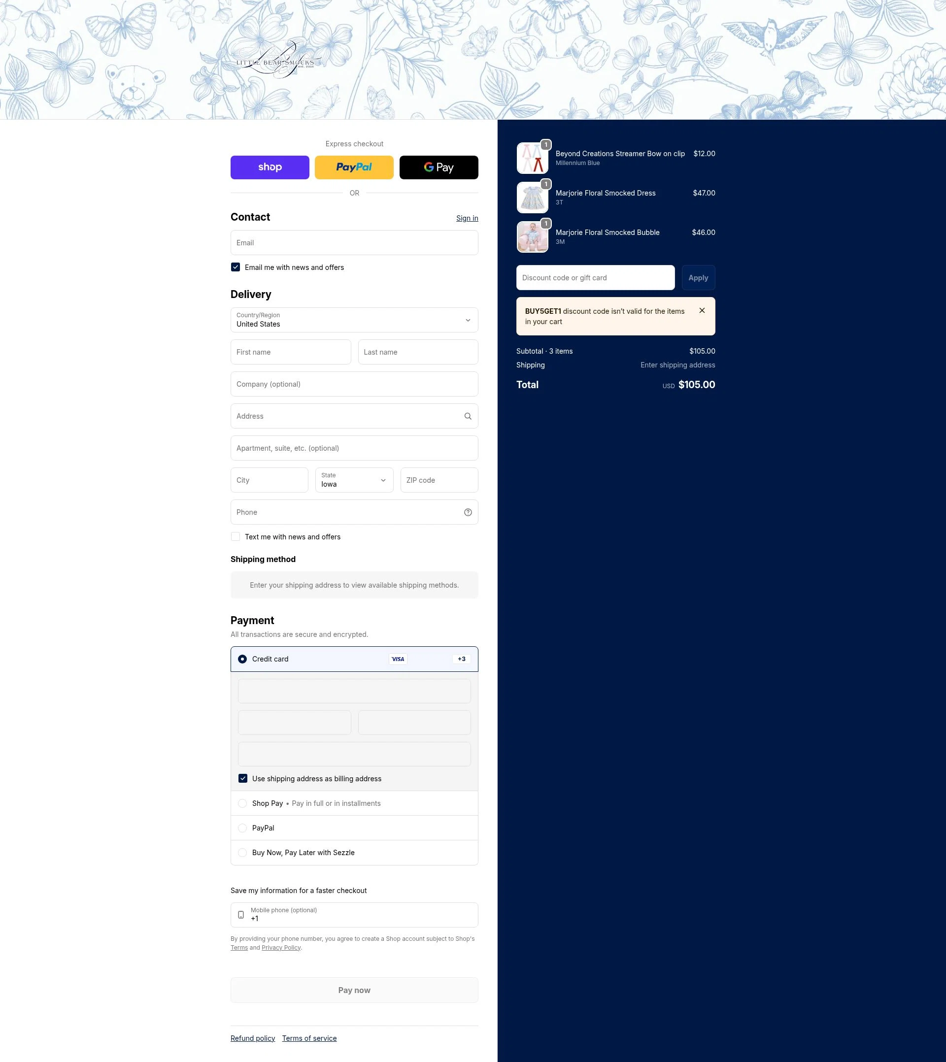 Little Bear Smocks checkout page showing Little Bear Smocks discount code box | Screenshot taken by SimplyCodes community member on Feb 18, 2026
