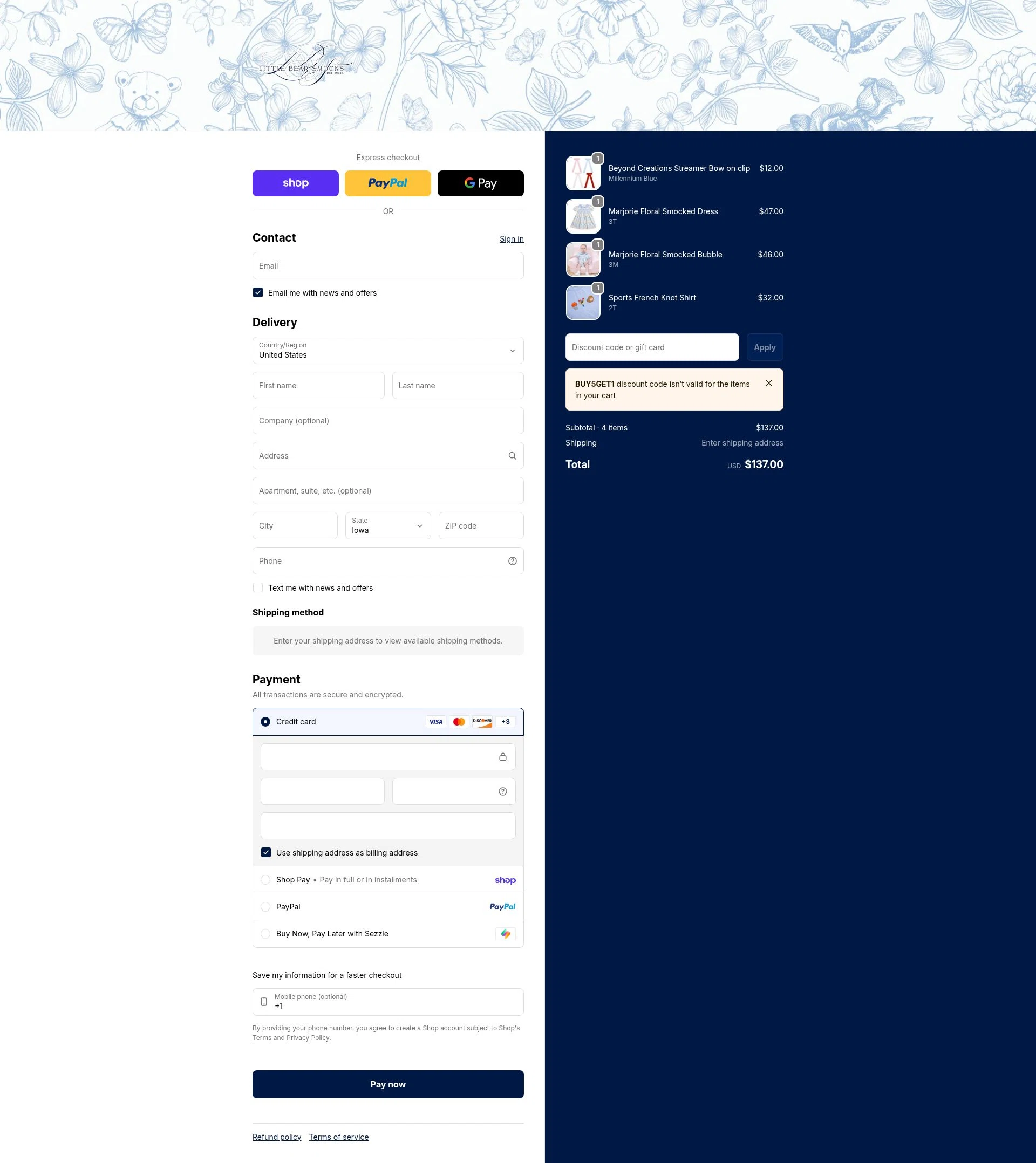 Little Bear Smocks checkout page showing Little Bear Smocks discount code box | Screenshot taken by SimplyCodes community member on Feb 9, 2026