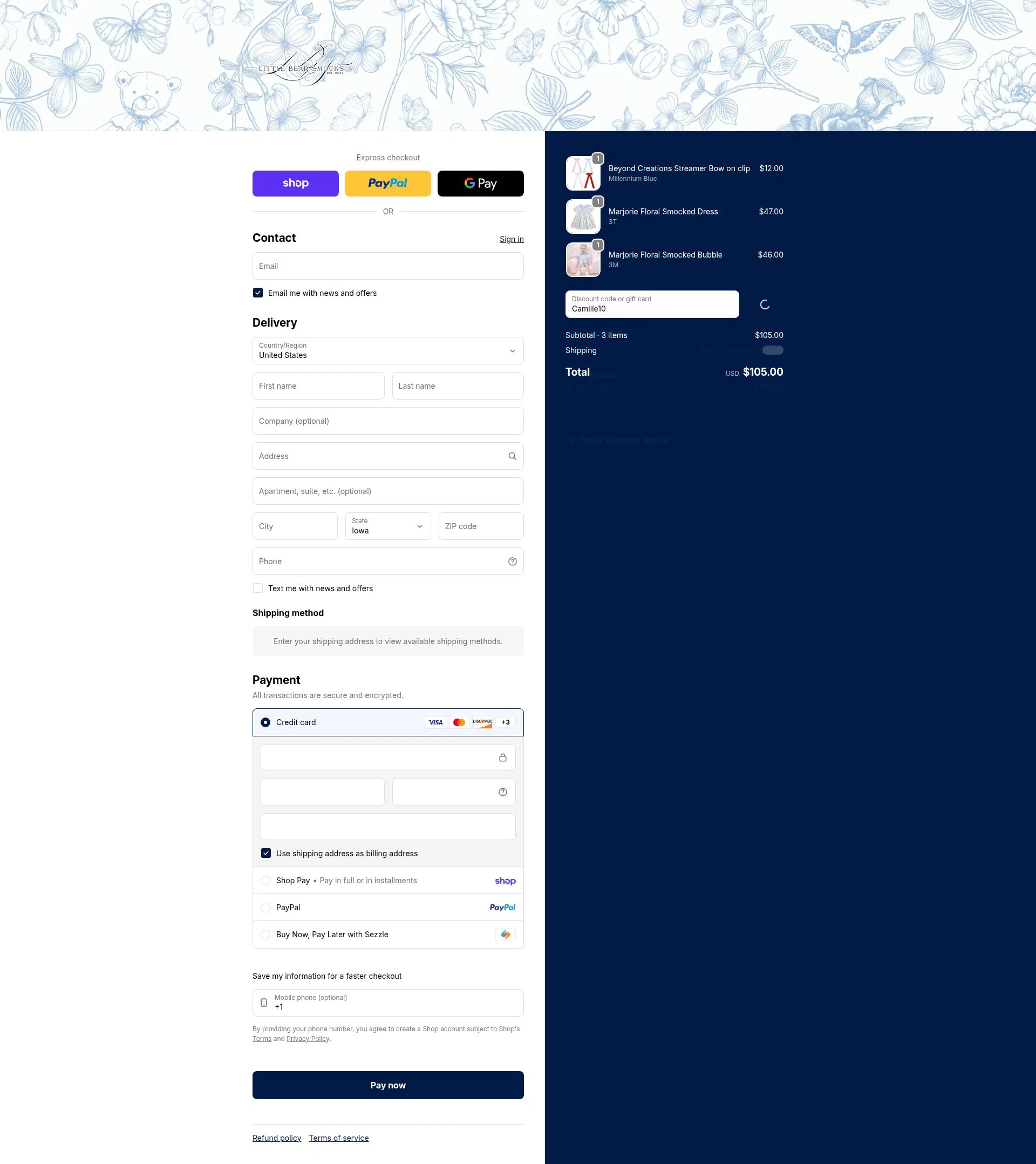 Little Bear Smocks checkout page showing Little Bear Smocks discount code box | Screenshot taken by SimplyCodes community member on Feb 18, 2026