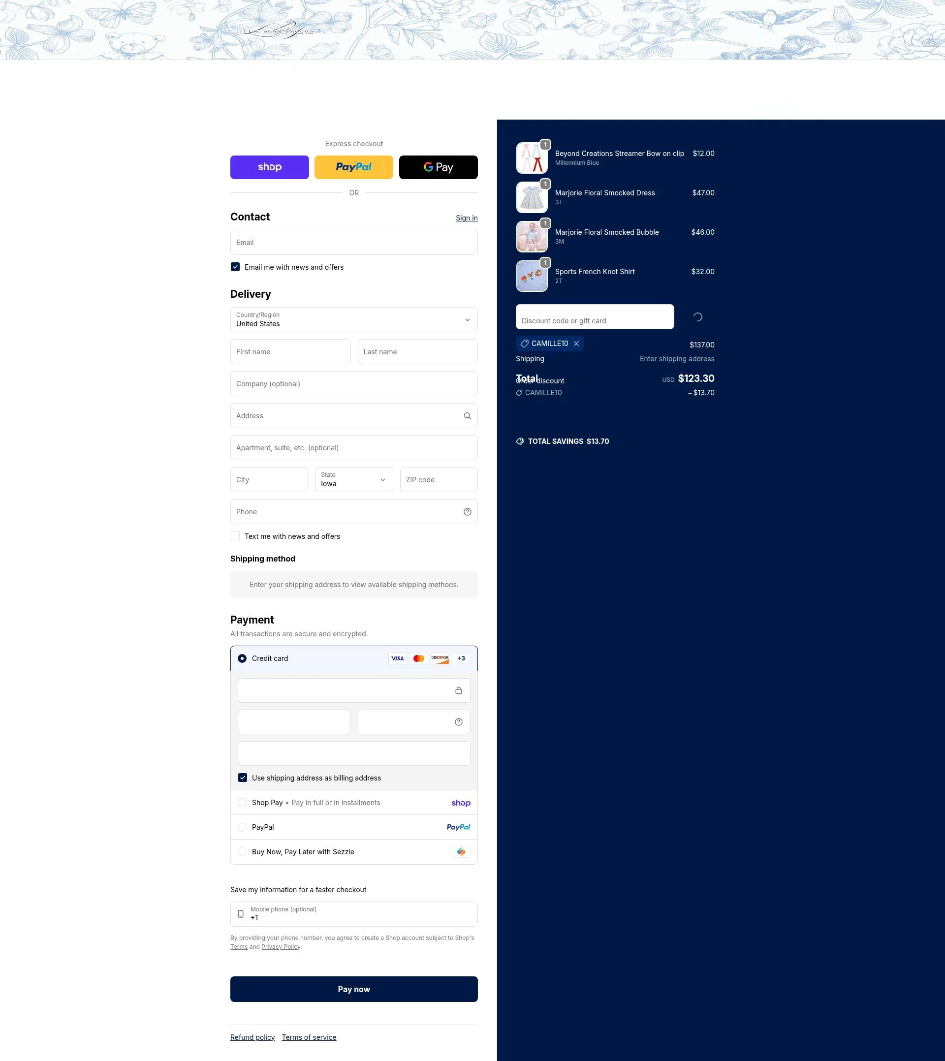 Little Bear Smocks checkout page showing Little Bear Smocks discount code box | Screenshot taken by SimplyCodes community member on Feb 9, 2026