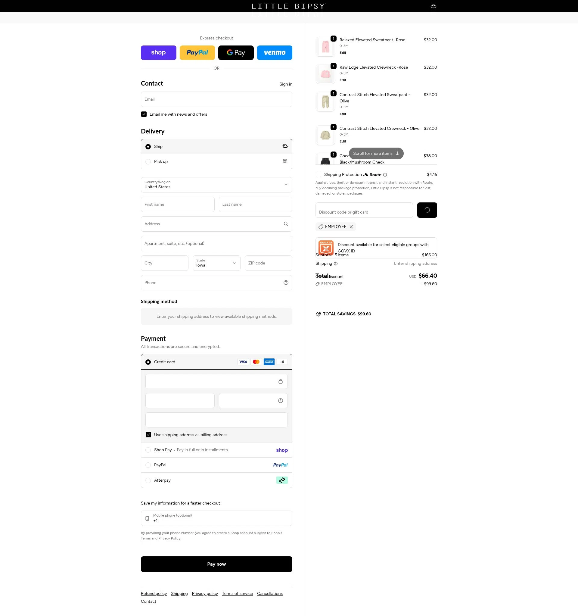 Little Bipsy Collection checkout page showing Little Bipsy Collection promo code box | Screenshot taken by SimplyCodes community member on Feb 20, 2026