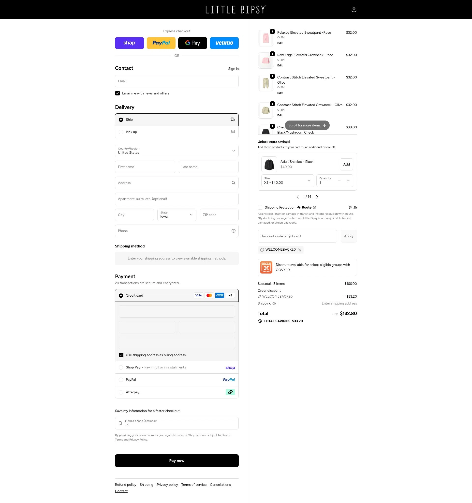 Little Bipsy Collection checkout page showing Little Bipsy Collection promo code box | Screenshot taken by SimplyCodes community member on Feb 15, 2026