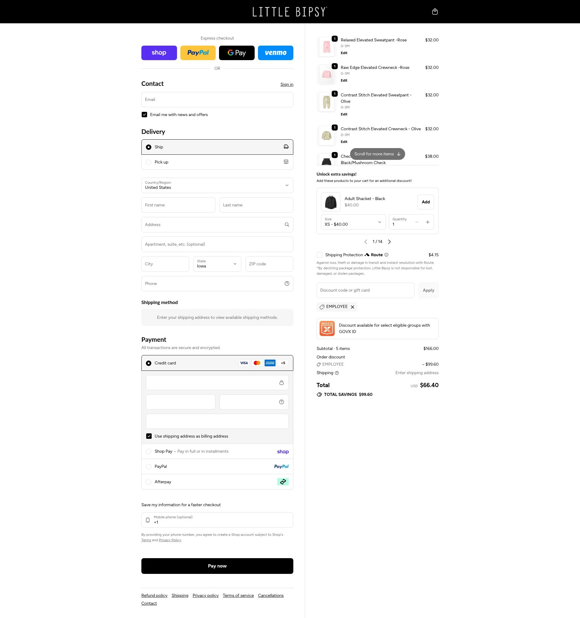 Little Bipsy Collection checkout page showing Little Bipsy Collection promo code box | Screenshot taken by SimplyCodes community member on Feb 15, 2026