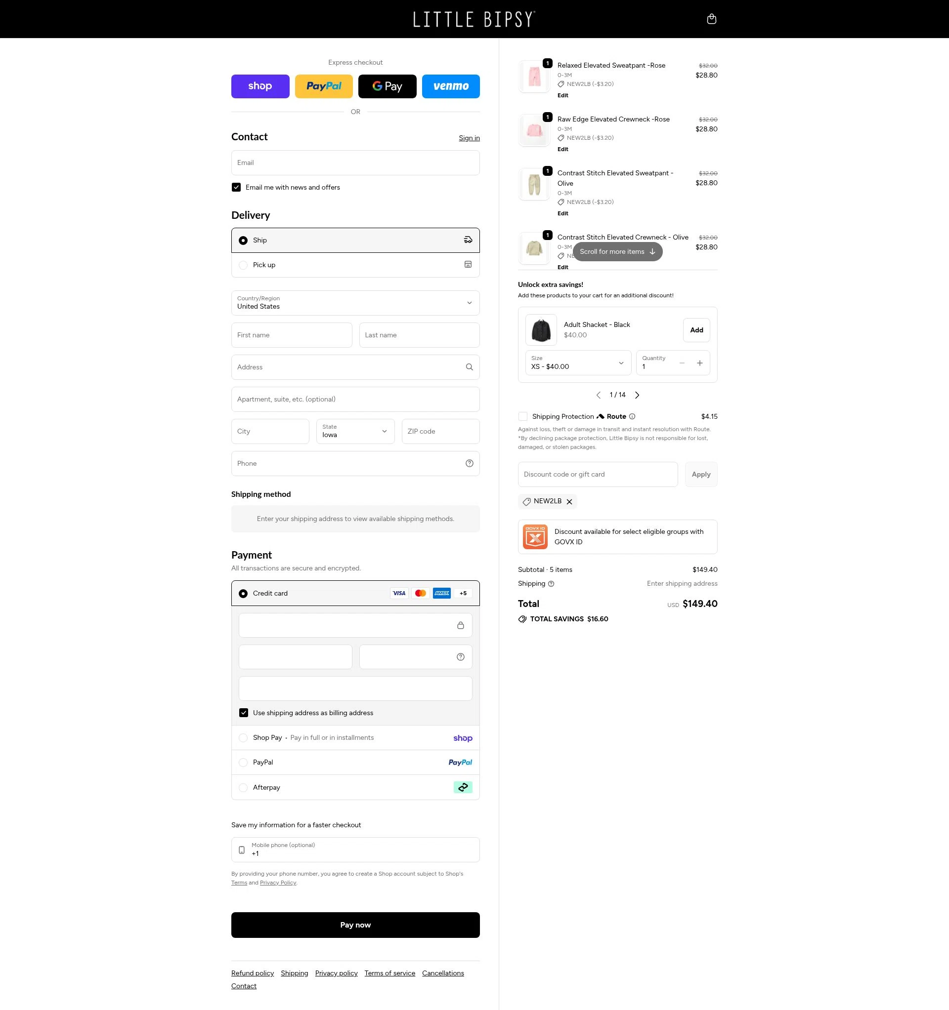 Little Bipsy Collection checkout page showing Little Bipsy Collection promo code box | Screenshot taken by SimplyCodes community member on Feb 15, 2026