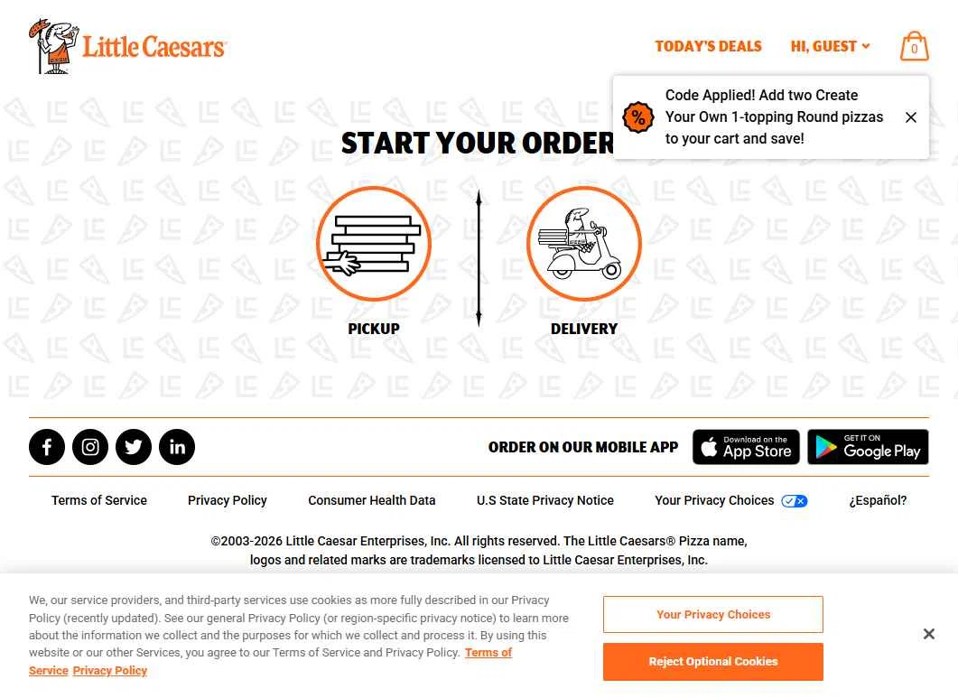 Little Caesars checkout page showing Little Caesars promo code box | Screenshot taken by SimplyCodes community member on Jan 7, 2026