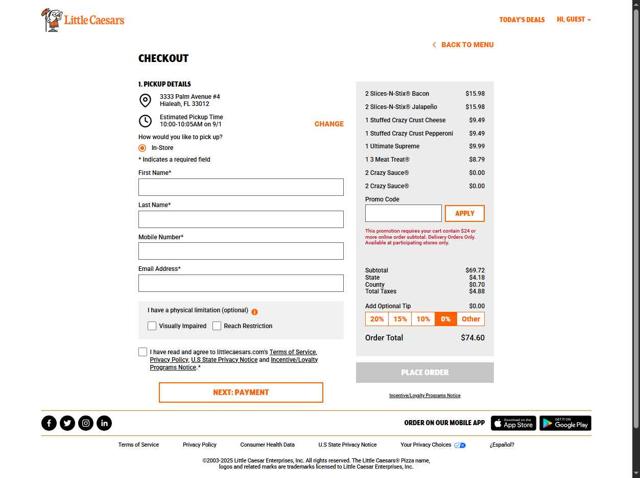 Little Caesars checkout page showing Little Caesars promo code box | Screenshot taken by SimplyCodes community member on Sep 1, 2025