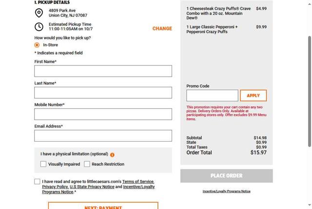 Little Caesars checkout page showing Little Caesars promo code box | Screenshot taken by SimplyCodes community member on Oct 7, 2025