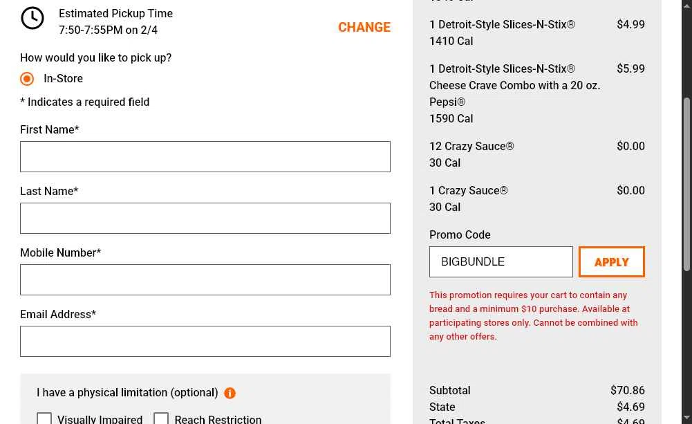 Little Caesars checkout page showing Little Caesars promo code box | Screenshot taken by SimplyCodes community member on Feb 5, 2026