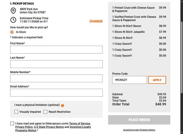 Little Caesars checkout page showing Little Caesars promo code box | Screenshot taken by SimplyCodes community member on Sep 1, 2025