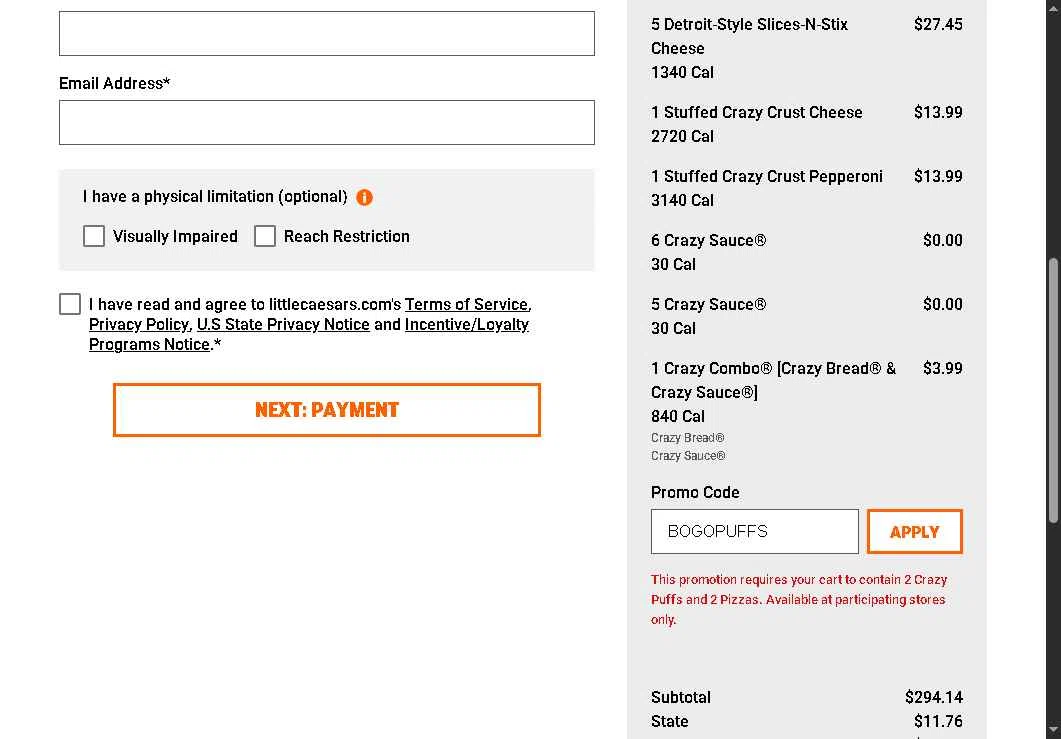 Little Caesars checkout page showing Little Caesars promo code box | Screenshot taken by SimplyCodes community member on Jan 6, 2026