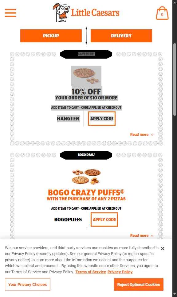 Little Caesars checkout page showing Little Caesars promo code box | Screenshot taken by SimplyCodes community member on Jan 7, 2026