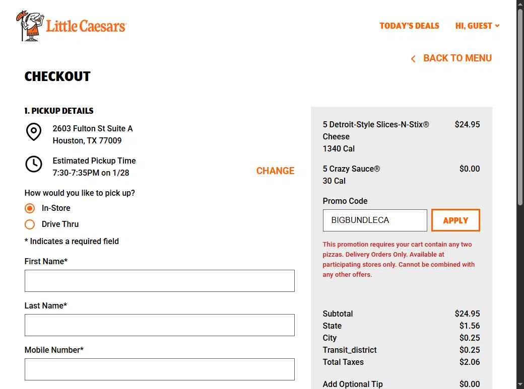 Little Caesars checkout page showing Little Caesars promo code box | Screenshot taken by SimplyCodes community member on Jan 29, 2026