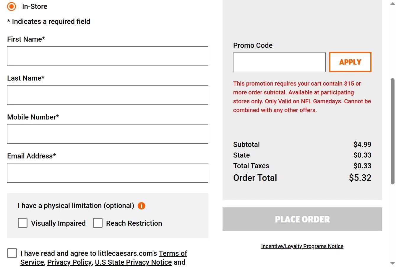 Little Caesars checkout page showing Little Caesars promo code box | Screenshot taken by SimplyCodes community member on Jan 31, 2026