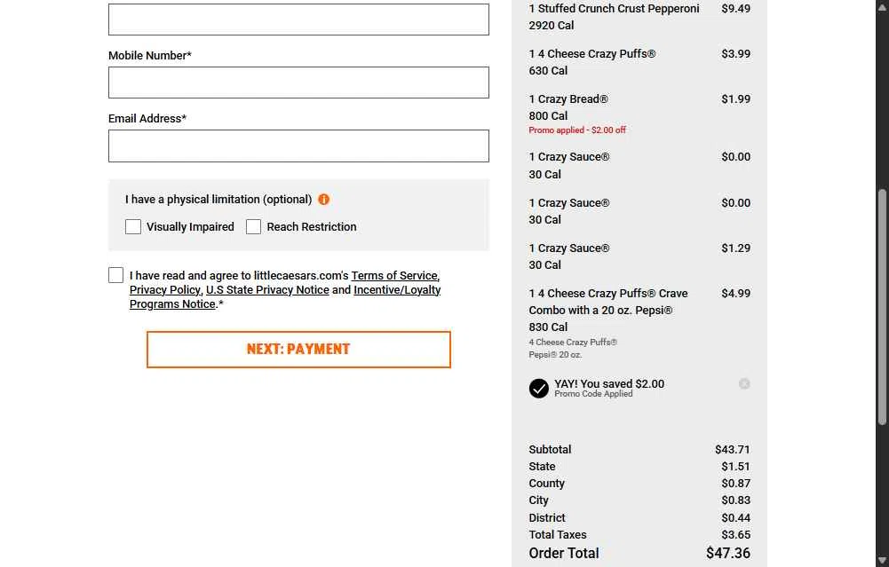 Little Caesars checkout page showing Little Caesars promo code box | Screenshot taken by SimplyCodes community member on Feb 12, 2026