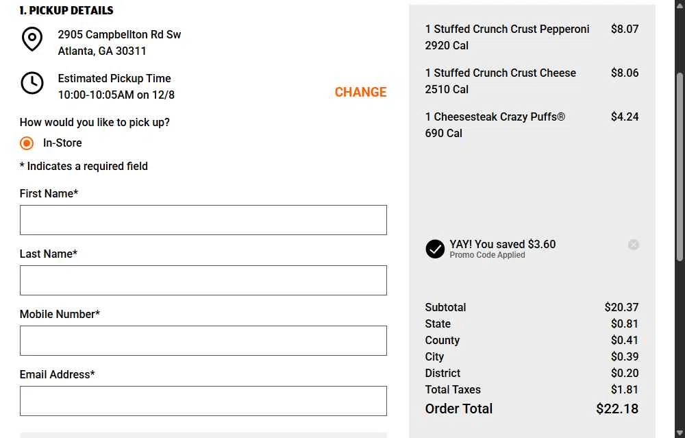 Little Caesars checkout page showing Little Caesars promo code box | Screenshot taken by SimplyCodes community member on Dec 8, 2025