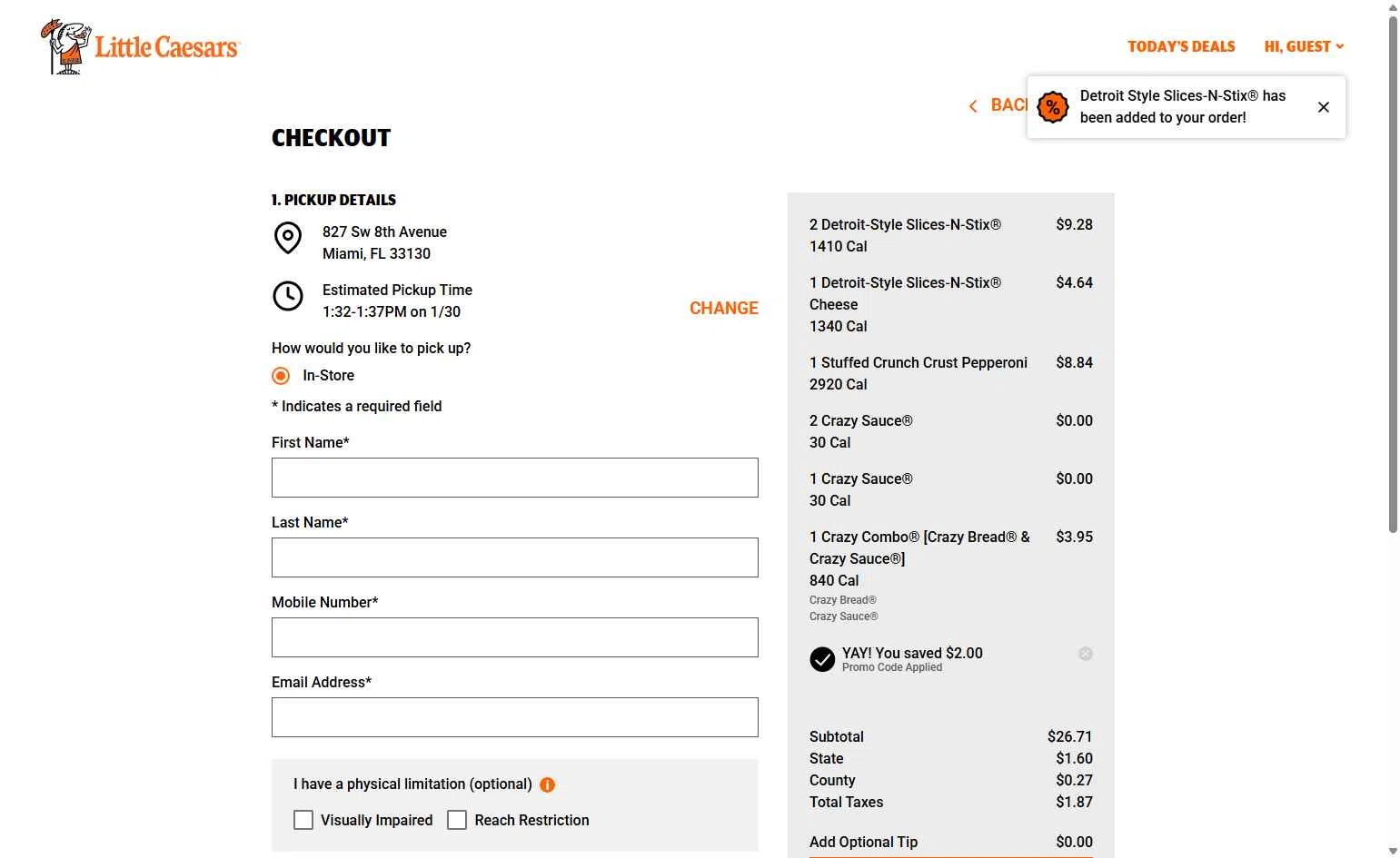 Little Caesars checkout page showing Little Caesars promo code box | Screenshot taken by SimplyCodes community member on Jan 30, 2026