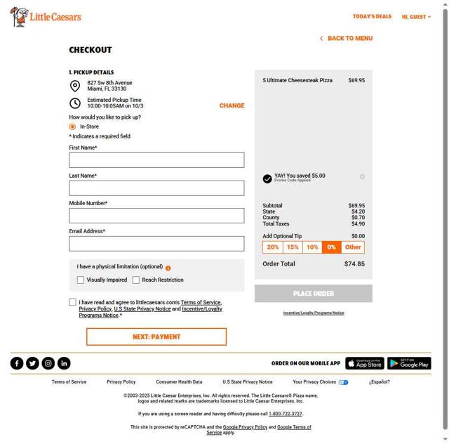 Little Caesars checkout page showing Little Caesars promo code box | Screenshot taken by SimplyCodes community member on Oct 1, 2025