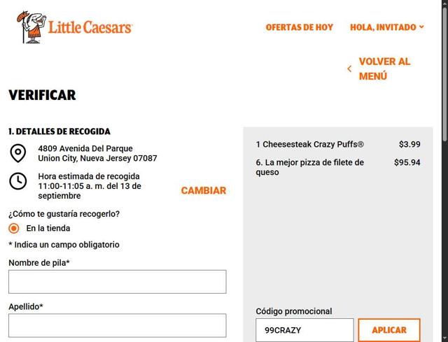 Little Caesars checkout page showing Little Caesars promo code box | Screenshot taken by SimplyCodes community member on Sep 13, 2025