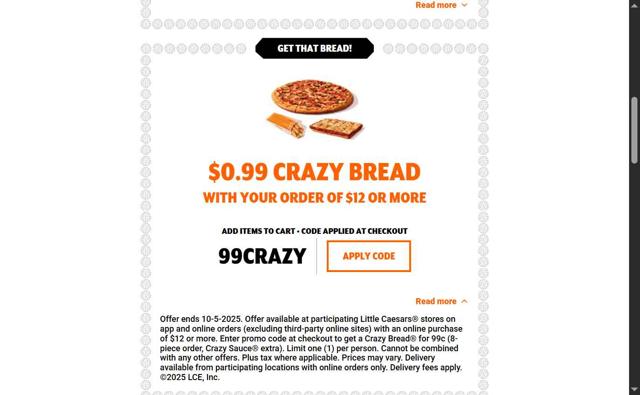 Little Caesars checkout page showing Little Caesars promo code box | Screenshot taken by SimplyCodes community member on Sep 7, 2025