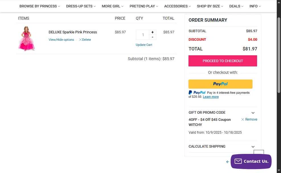 Little Dress Up Shop checkout page showing Little Dress Up Shop promo code box | Screenshot taken by SimplyCodes community member on Oct 12, 2025