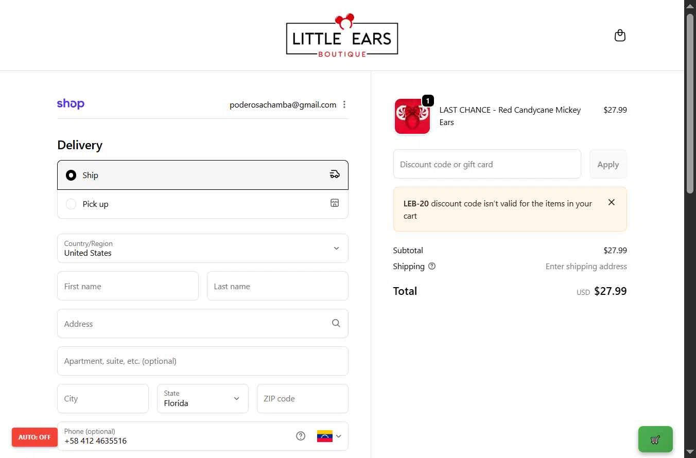 Little Ears Boutique checkout page showing Little Ears Boutique discount code box | Screenshot taken by SimplyCodes community member on Dec 18, 2025