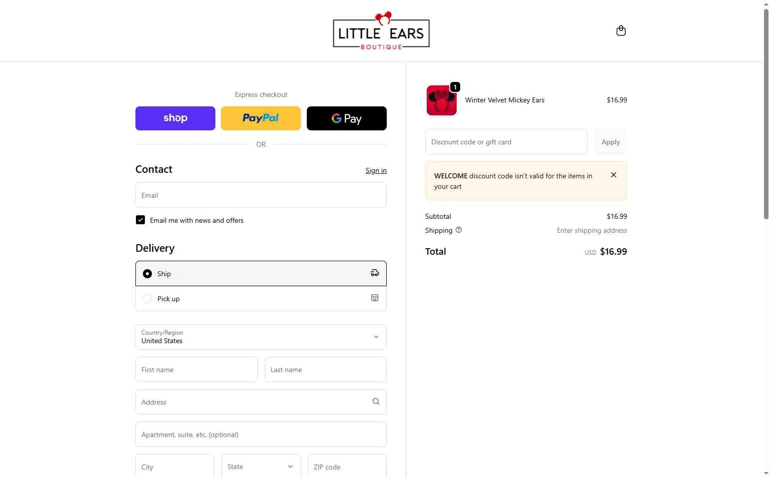 Little Ears Boutique checkout page showing Little Ears Boutique discount code box | Screenshot taken by SimplyCodes community member on Dec 18, 2025